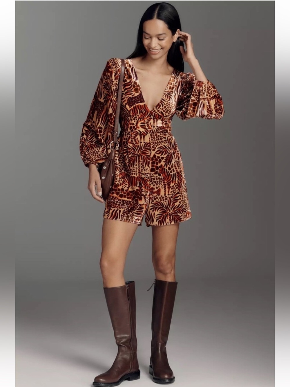 FARM Rio Brown & Tan Floral Velvet V-Neck romper